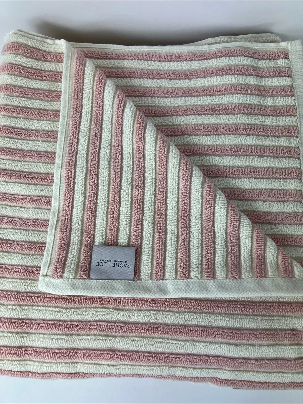 Rachel Zoe Pink and Cream Striped Cotton Bath Towels - Set of 2 NEW